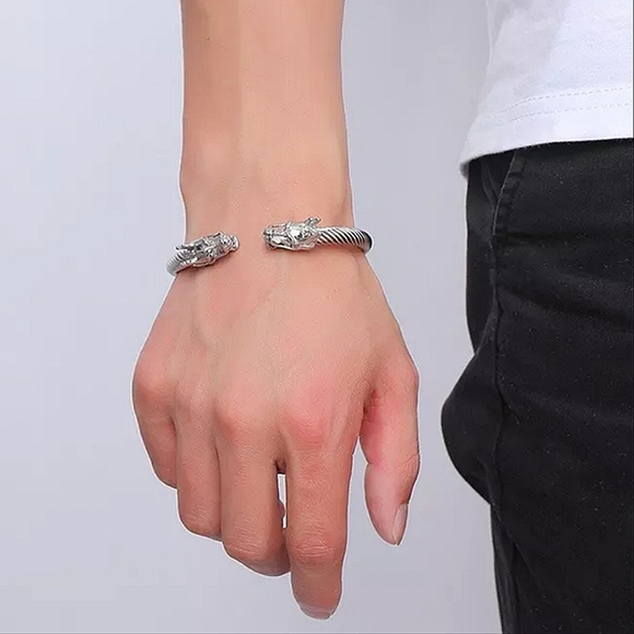 Dragon Viking Sterling Silver Plated Stainless Steel Bangle Cuff Bracelet - Picture 9 of 16